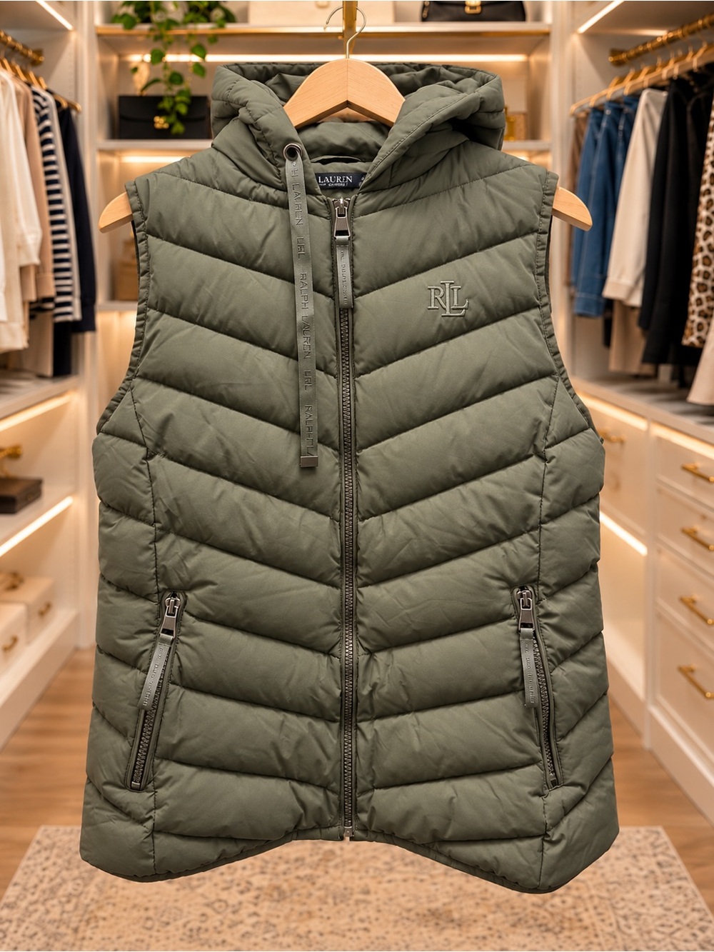 Lauren Ralph Lauren Olive Green Hooded Puffer Vest – Size Medium – NWT